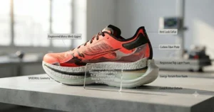 Anatomical breakdown diagram detailing the heel drop, stack height, and foam density of men's neutral shoes for half marathon runners.