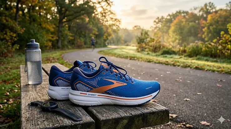 A pair of premium neutral running shoes for men with high arches placed on an athletic track, highlighting the thick, cushioned midsole.