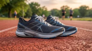 A pair of premium men's stability running shoes designed to correct overpronation, showcasing the supportive medial post and cushioned midsole on an outdoor track.