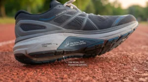 Illustration showing the placement of softer outer cushioning and firmer inner foam in stability running shoes for men who overpronate.