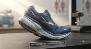 A diagram demonstrating the flex grooves and curved sole of a flexible neutral running shoe.