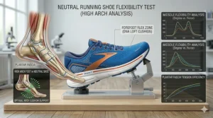 An illustration showing the proper midfoot flexibility required in men's neutral running shoes to encourage natural foot movement.