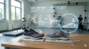 An illustration matching medium and high foot arch types with recommended neutral running shoes for men.