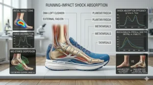 An infographic demonstrating how premium neutral cushioning protects joints by dispersing impact energy for runners with high arches.