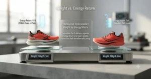 Comparison chart evaluating the weight versus energy return of popular men's neutral shoes for half marathon performance.