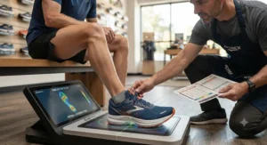 An illustration guiding how to check for a proper fit in men's neutral running shoes.