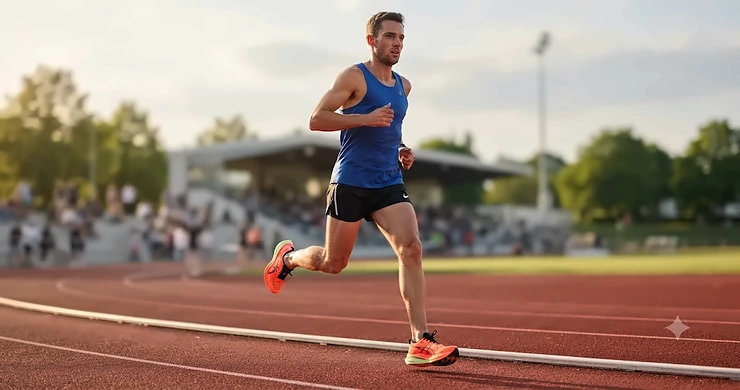 A lineup of top-rated men's neutral shoes for half marathon training displayed on an outdoor running track.
