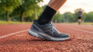 Illustration of a male runner's foot striking the ground, demonstrating how overpronation forces impact the knee and ankle joints without stability shoes.