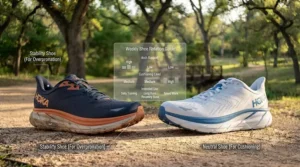 Infographic guide showing how to rotate daily stability running shoes for men with lightweight neutral trainers for speed workouts.