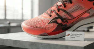 Graphic highlighting the engineered mesh upper and spacious toe box of comfortable men's neutral shoes for half marathon racing.