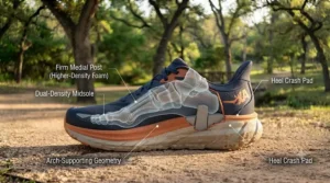 Close-up illustration of the dual-density foam and firm medial post built into stability running shoes for men.