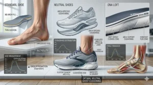 An illustration of a neutral running shoe for high arches, highlighting the specialized shock-absorbing foam in the heel and forefoot.