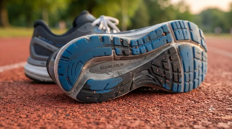 Close-up illustration of the bottom sole of a men's running shoe showing excessive wear on the inner edge, a classic sign of severe overpronation. stability running shoes men overpronation