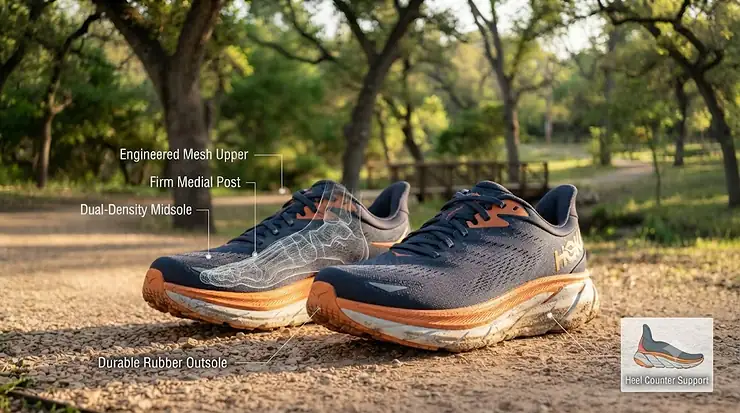 Diagram illustrating the key structural components of stability running shoes for men, highlighting the medial post and firm midsole.