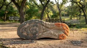 Top-down view illustration of the durable rubber outsole and crash pad design on a men's supportive running shoe.