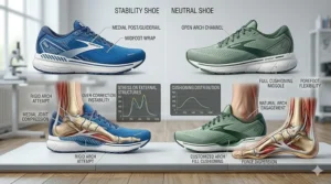 A side-by-side comparison illustrating a rigid stability running shoe versus a flexible neutral running shoe for high-arched runners.