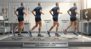 An infographic illustrating supination and underpronation in a runner's gait cycle due to high arches.
