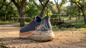 Cutaway graphic highlighting the rigid heel counter that locks the foot in place inside stability running shoes for men.