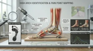 A simple visual guide illustrating a wet footprint test that identifies a high arch by showing a narrow outer band connecting the heel and forefoot.