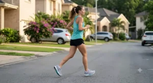 Woman wearing lightweight neutral running shoes while training on a suburban asphalt road