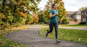 A woman wearing cushioned neutral running shoes running along an outdoor paved track