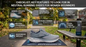 Checklist infographic highlighting key features to look for in neutral running shoes for women beginners