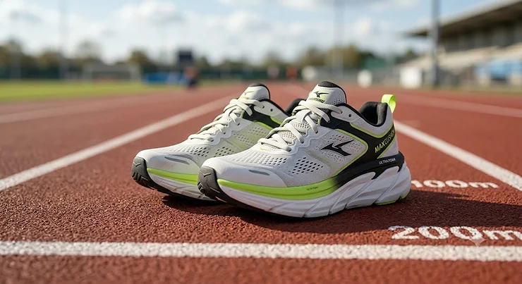 A pair of premium max cushion running shoes for men on an athletic track, showcasing the thick foam midsole designed for maximum shock absorption.