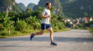 A male runner pacing on an asphalt road wearing plush cushioned running shoes to prevent knee pain.