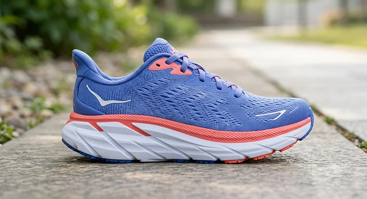 Side view of lightweight neutral running shoes for women with cushioned plush soles