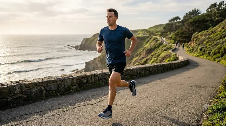 A man running on a paved path wearing supportive stability running shoes designed to relieve plantar fasciitis pain. stability running shoes men plantar fasciitis