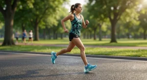 Illustration of a female runner jogging on an asphalt pavement wearing lightweight stability running shoes for women.