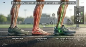 A detailed photorealistic comparison of biomechanical alignment, showing how different men's running shoes correct a collapsed arch and optimize gait, with skeletal overlays.