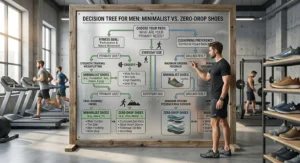 Decision tree flowchart helping men choose between minimalist and zero drop shoes based on cushioning preference and fitness goals.