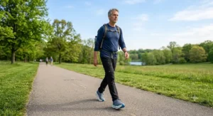 A man wearing comfortable max cushion shoes for a long distance walk on a paved park trail.