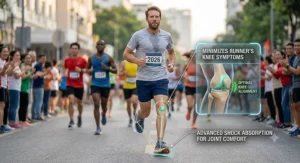 A man running a marathon in lightweight, heavily cushioned running shoes engineered to minimize runner's knee symptoms.