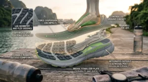 Illustration of the high-traction rubber outsole on a men's wide-fit stability shoe built for road running.
