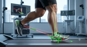 An anatomical illustration demonstrating a heavy male runner's corrected foot alignment and gait cycle while wearing motion control sneakers.