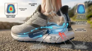 Illustration highlighting the deep heel cup and shock-absorbing cushioning in a stability running shoe for men.