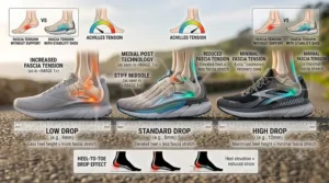 Diagram explaining the heel-to-toe drop measurement in stability running shoes for men with heel pain.