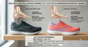 Comparison chart illustrating high arch foot structure versus flat feet and the ideal neutral shoe cushioning