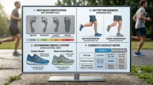 Graphic displaying inner edge rubber wear patterns on the soles of men running shoes, indicating the need for motion control support.