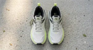 An overhead view of lightweight max cushion running shoes for men, demonstrating the wide toe box and plush ankle collar configuration.