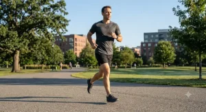 Man wearing lightweight minimalist running sneakers during an outdoor morning workout session on a paved city track.