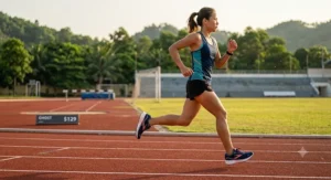 Female athlete running on an outdoor track in navy blue neutral running shoes under $130