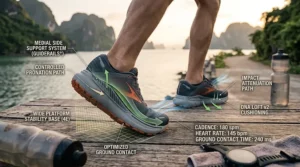 Illustration of a male athlete running on a paved path wearing wide-width stability running shoes for injury prevention.