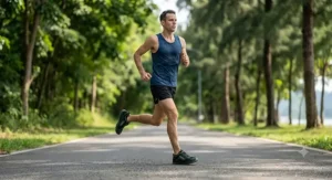 Illustration of a man road running with natural midfoot strike in zero drop running shoes for men.