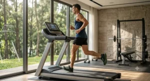 Male runner training on a treadmill in flexible zero drop running shoes for men.