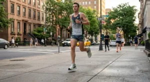 An athlete wearing max cushion running shoes for men during a long-distance marathon training run on an American city sidewalk.