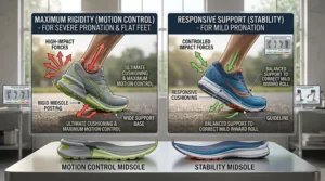 Infographic checklist comparing arch type, body weight, and injury history to select the right stability or motion contro