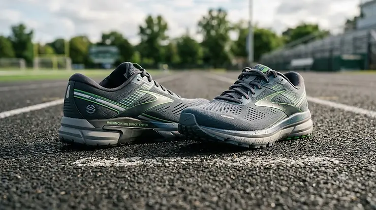 A pair of men's motion control running shoes with visible support technology on a running track.